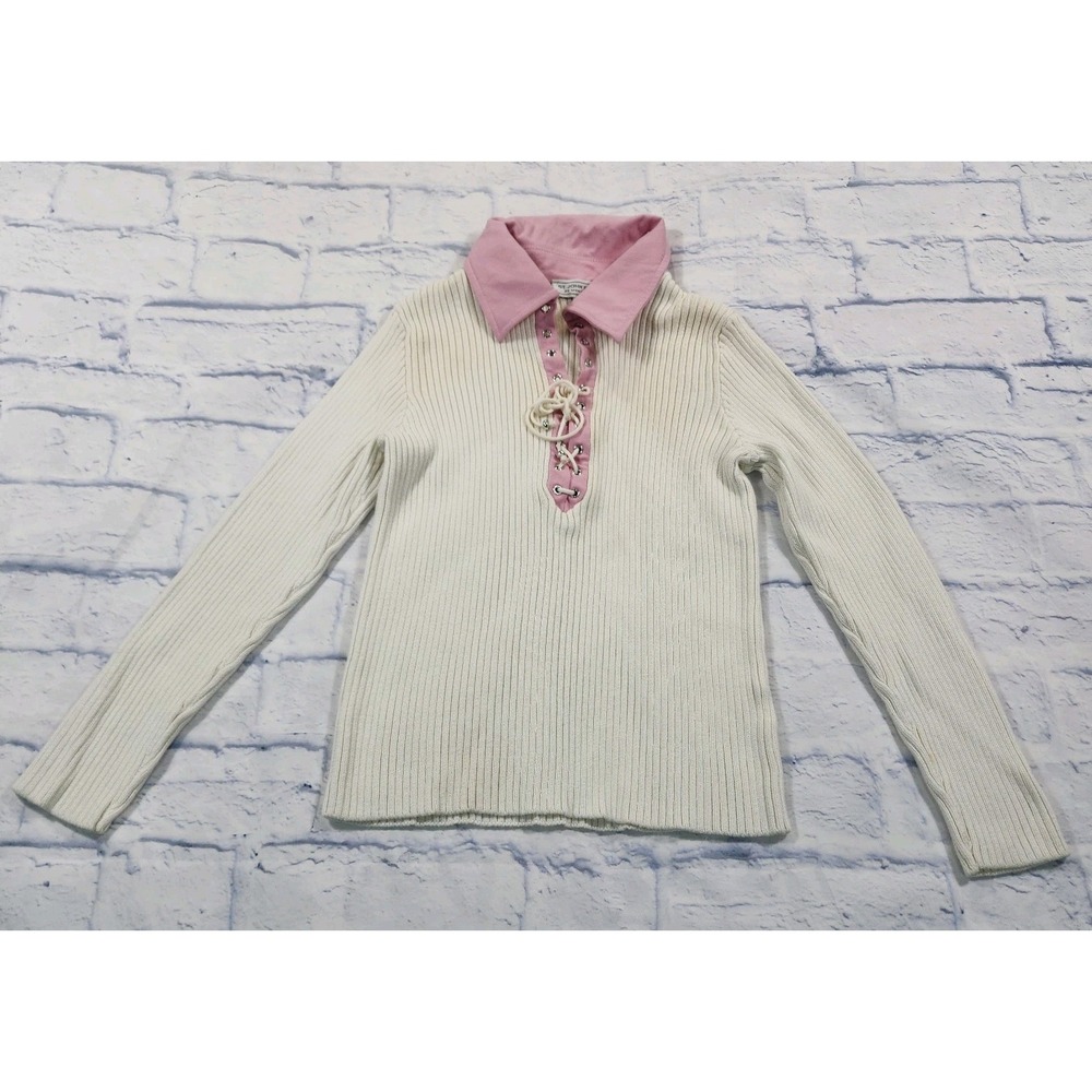 St John Sport WOMENS P Beige Knit Top Pink Collar Silver Signature Hardware VTG